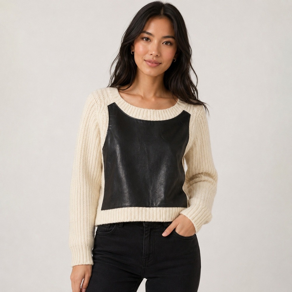 PJK Patterson J Kincaid Cream Knit Black Leather Panel Sweater Small